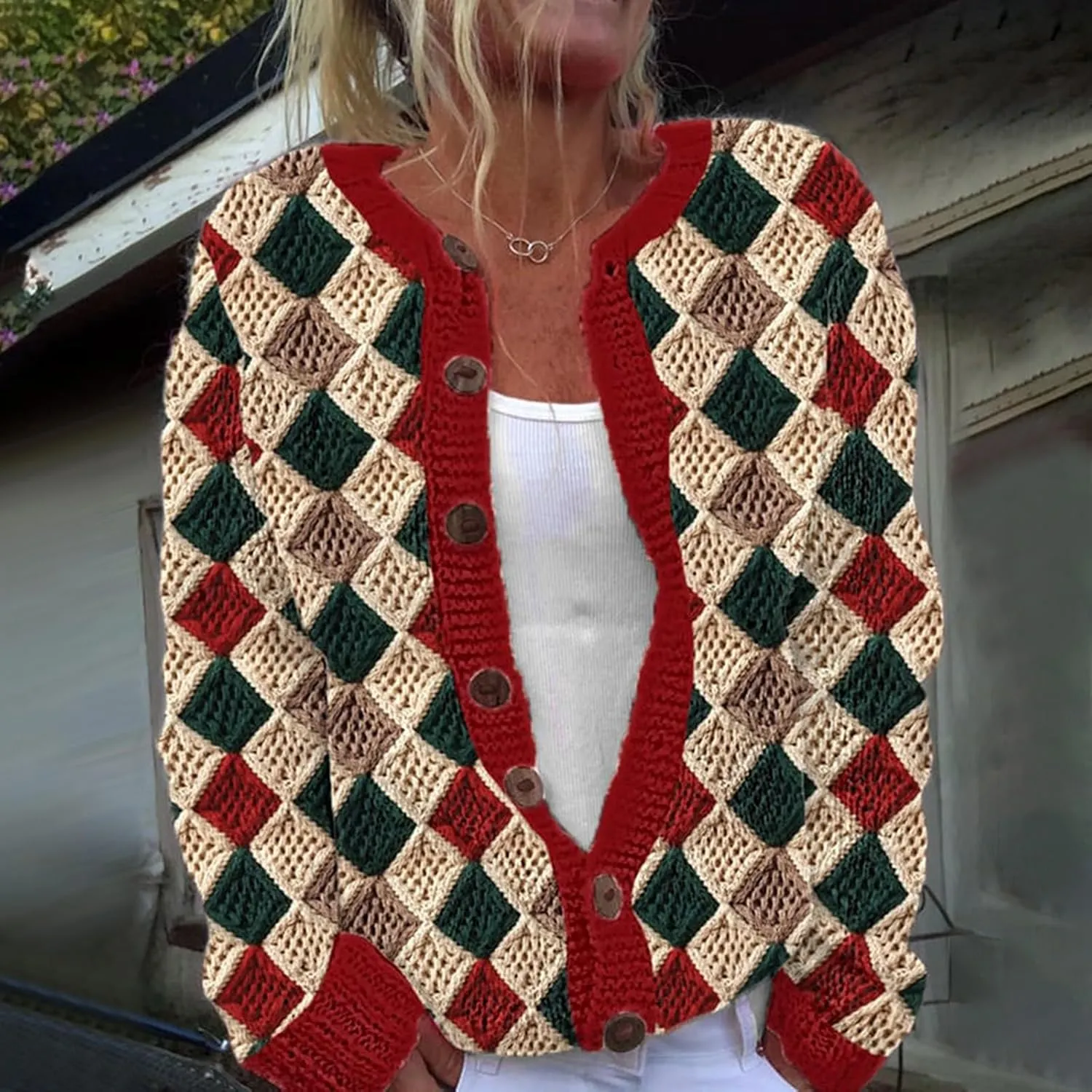 Womens Knit Cardigan Sweaters Christmas Casual Floral Print Long Sleeve Open Front Button Up Ribbed Sweater Jackets