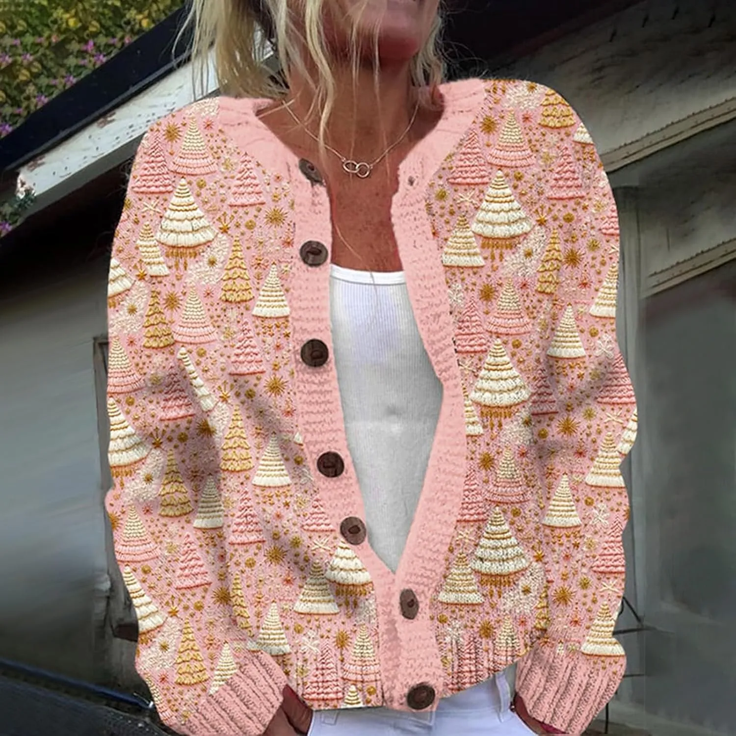 Womens Knit Cardigan Sweaters Christmas Casual Floral Print Long Sleeve Open Front Button Up Ribbed Sweater Jackets