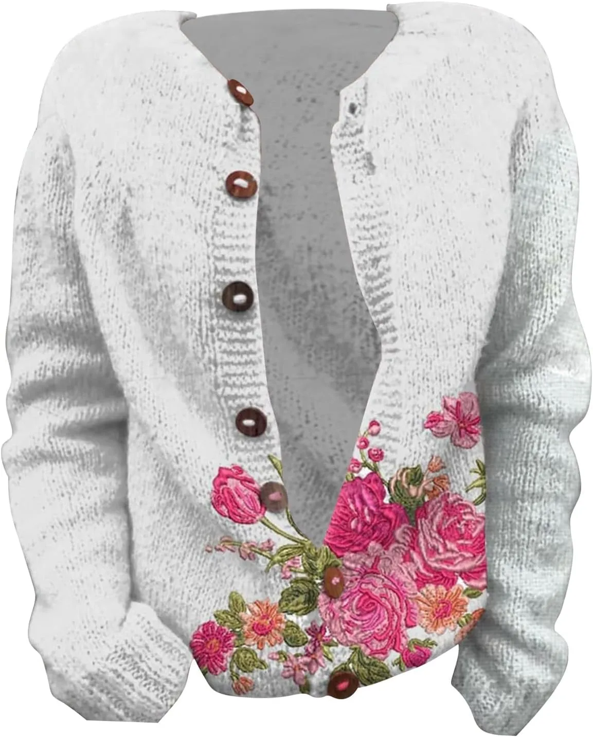 Womens Knit Cardigan Sweaters Christmas Casual Floral Print Long Sleeve Open Front Button Up Ribbed Sweater Jackets