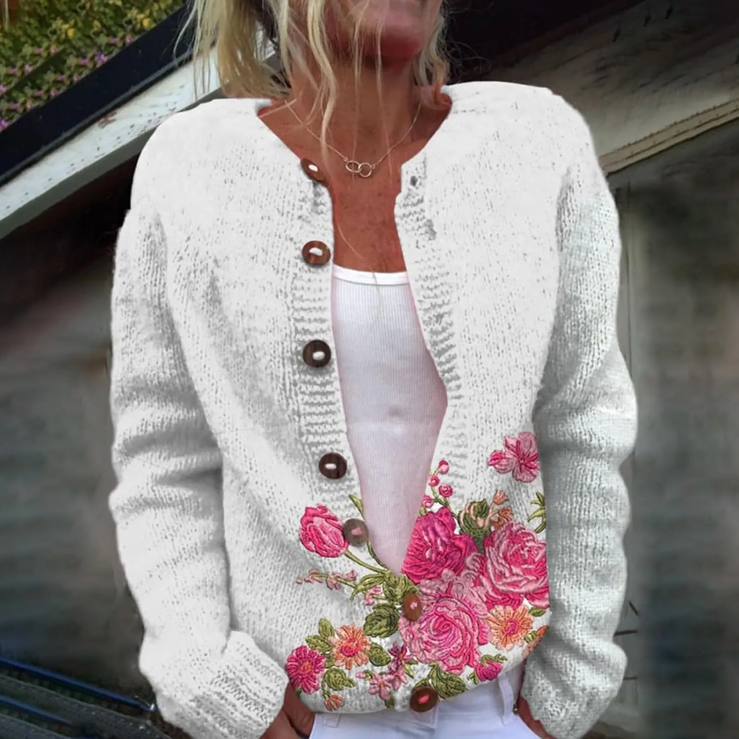 Womens Knit Cardigan Sweaters Christmas Casual Floral Print Long Sleeve Open Front Button Up Ribbed Sweater Jackets