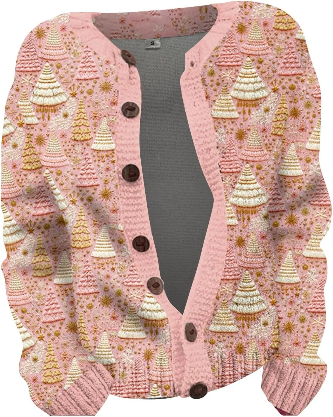 Womens Knit Cardigan Sweaters Christmas Casual Floral Print Long Sleeve Open Front Button Up Ribbed Sweater Jackets