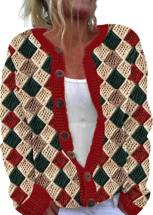 Womens Knit Cardigan Sweaters Christmas Casual Floral Print Long Sleeve Open Front Button Up Ribbed Sweater Jackets