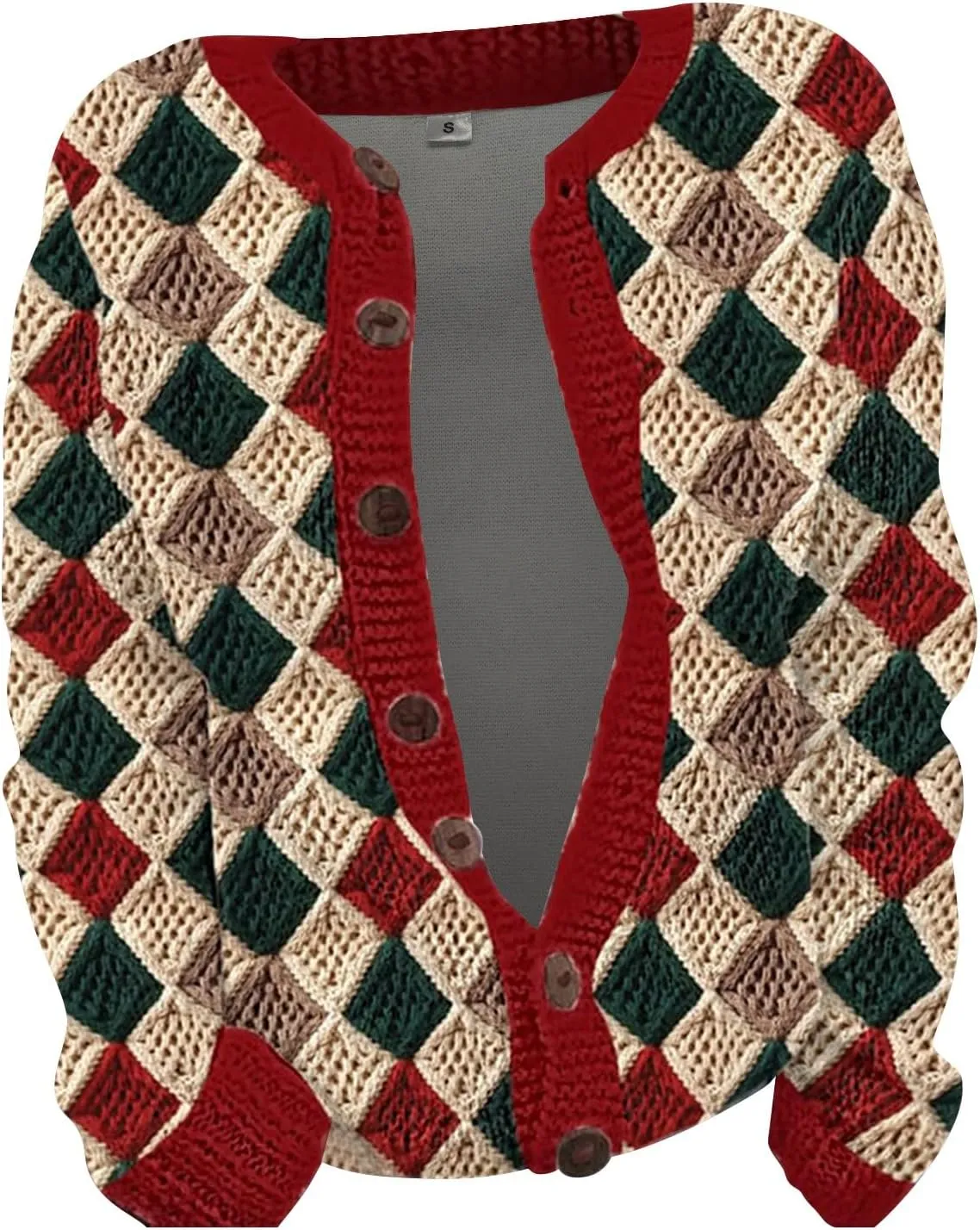 Womens Knit Cardigan Sweaters Christmas Casual Floral Print Long Sleeve Open Front Button Up Ribbed Sweater Jackets