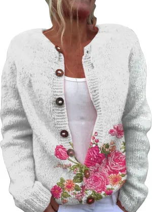 Womens Knit Cardigan Sweaters Christmas Casual Floral Print Long Sleeve Open Front Button Up Ribbed Sweater Jackets