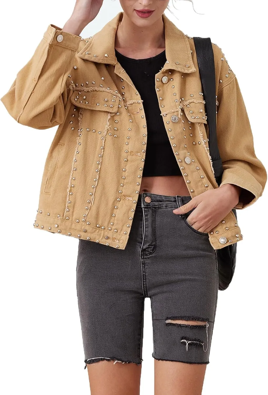Women's Long Jean Jacket Colorblock Long Sleeve Notched Collar Coat Mid Length Button Down Denim Outwear