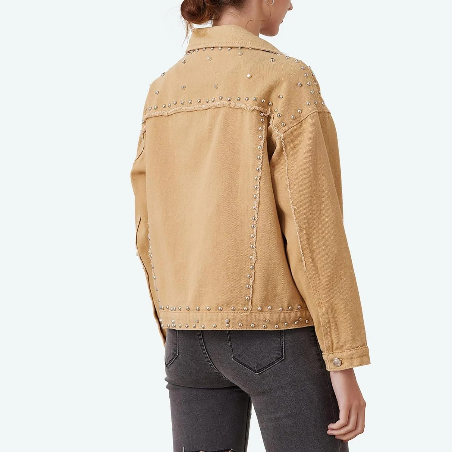 Women's Long Jean Jacket Colorblock Long Sleeve Notched Collar Coat Mid Length Button Down Denim Outwear