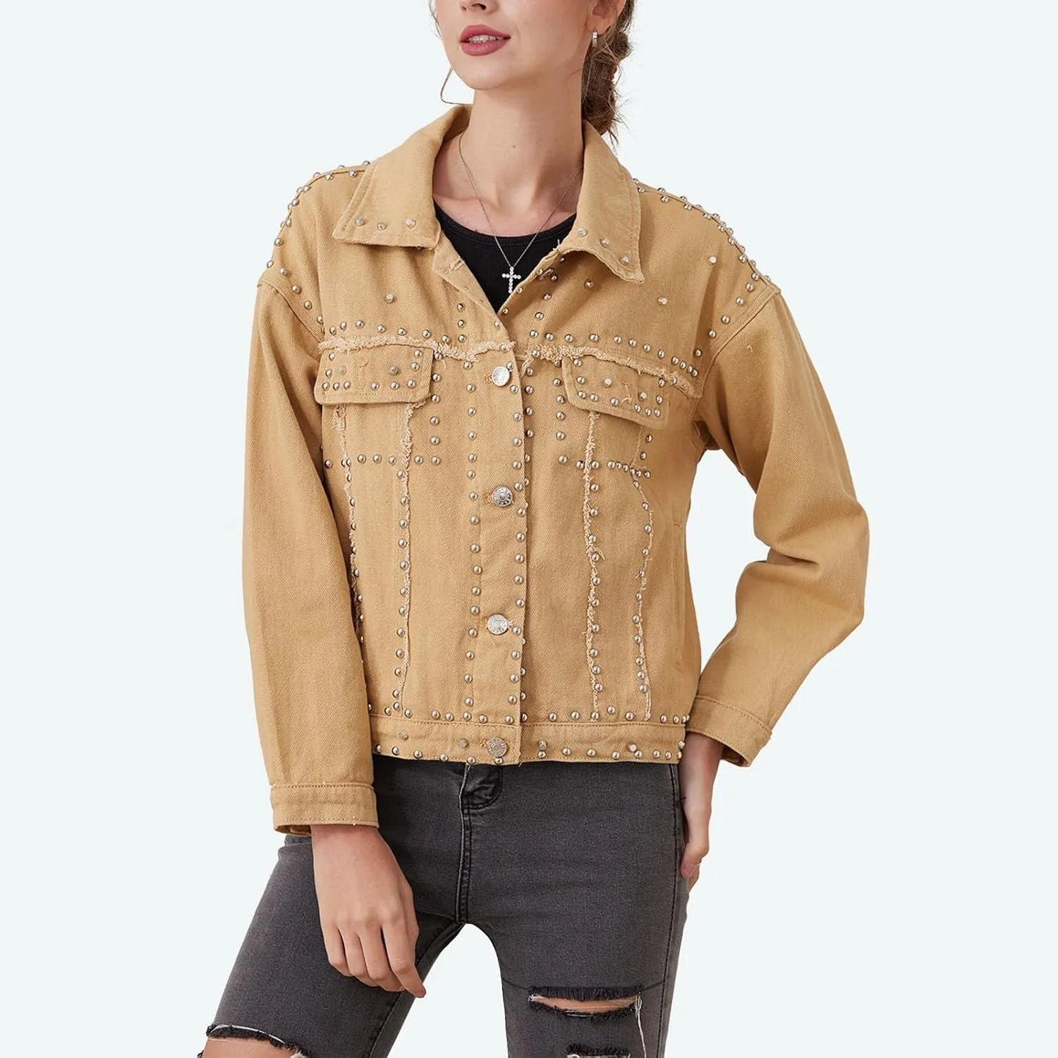 Women's Long Jean Jacket Colorblock Long Sleeve Notched Collar Coat Mid Length Button Down Denim Outwear
