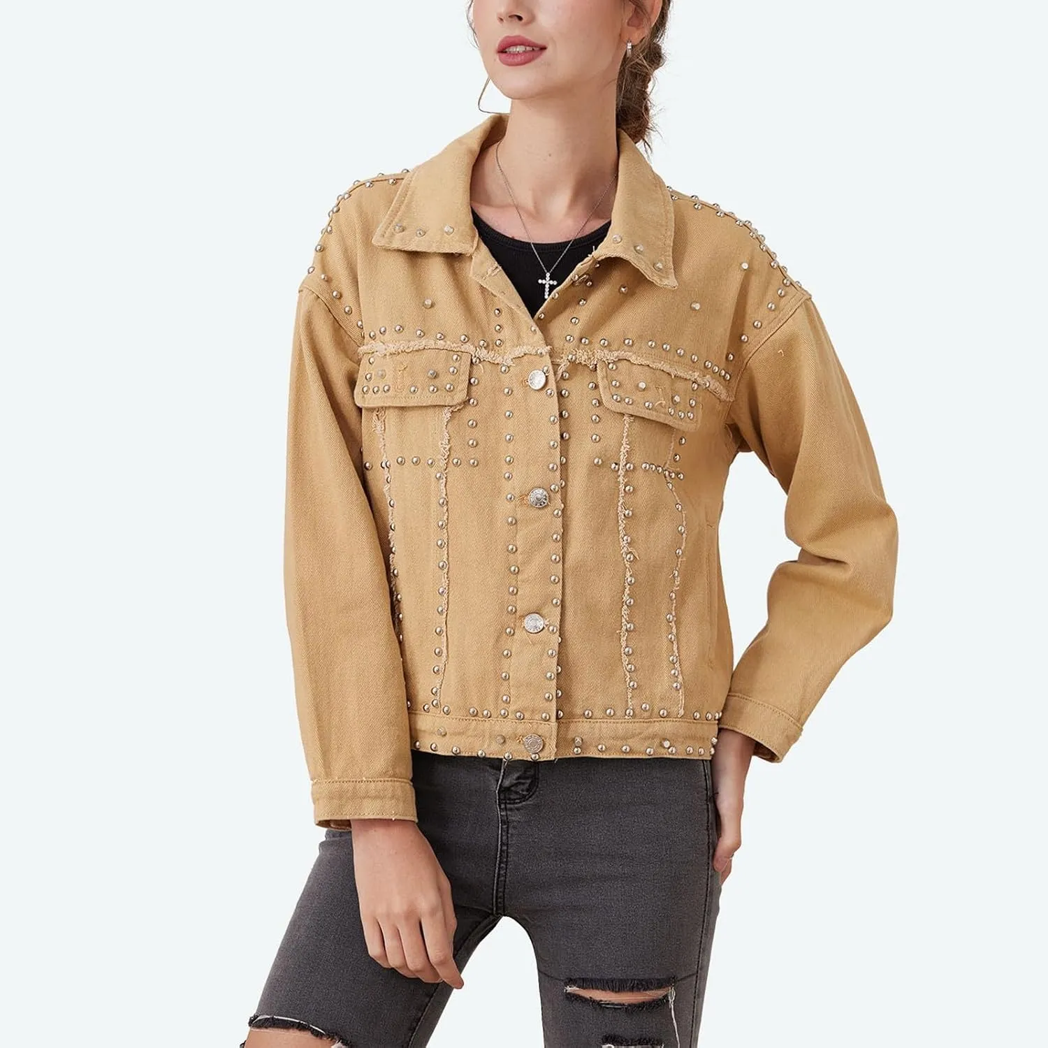 Women's Long Jean Jacket Colorblock Long Sleeve Notched Collar Coat Mid Length Button Down Denim Outwear