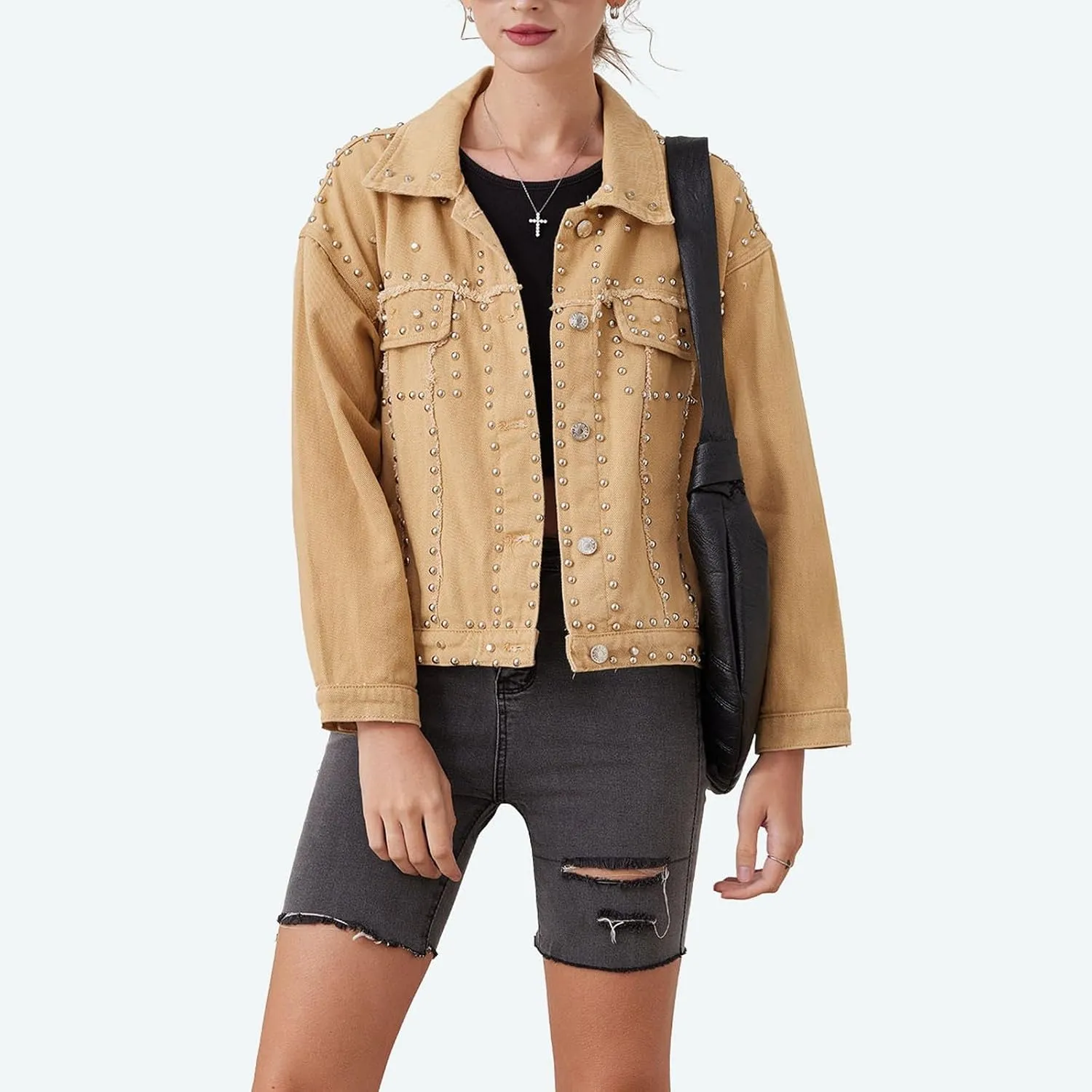 Women's Long Jean Jacket Colorblock Long Sleeve Notched Collar Coat Mid Length Button Down Denim Outwear
