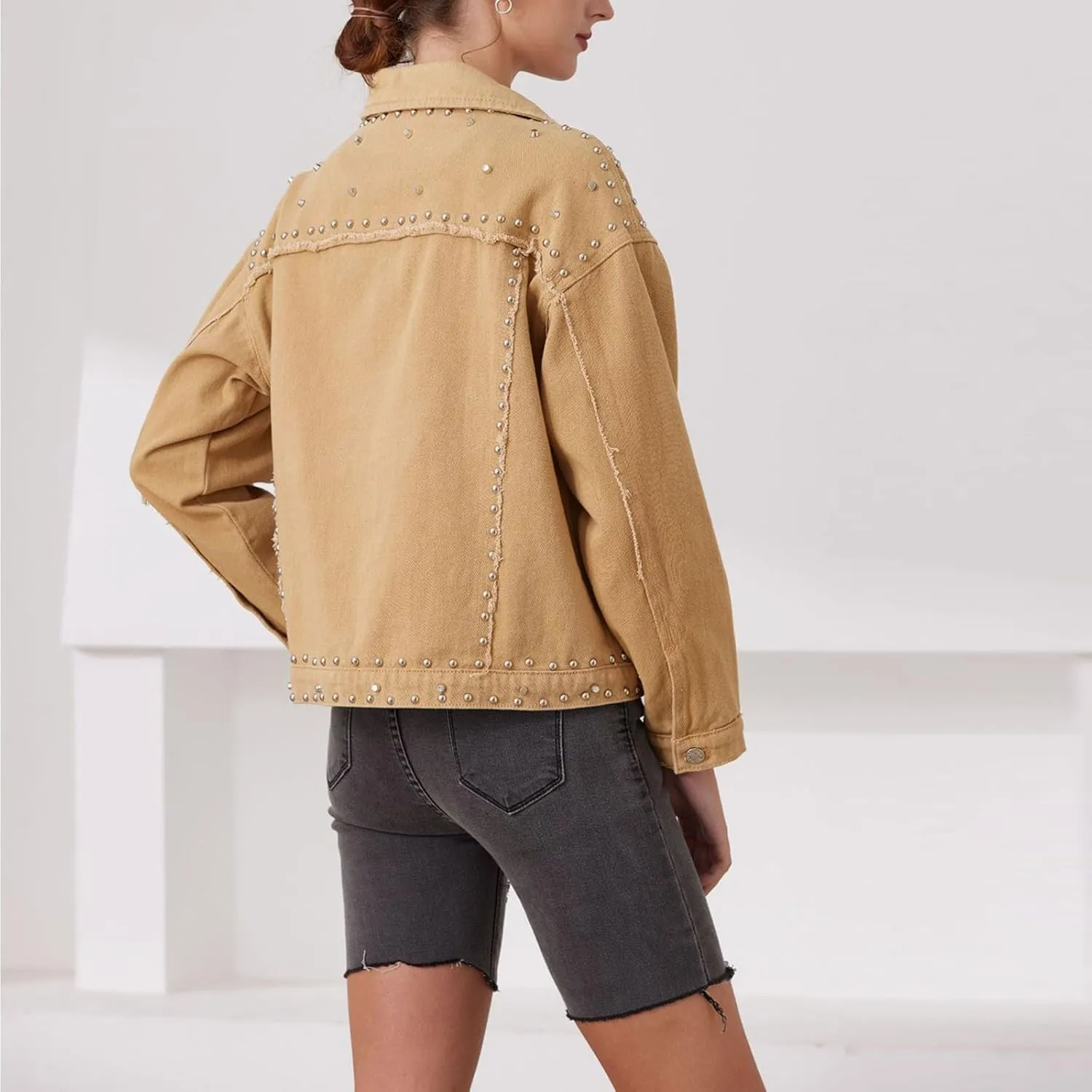 Women's Long Jean Jacket Colorblock Long Sleeve Notched Collar Coat Mid Length Button Down Denim Outwear