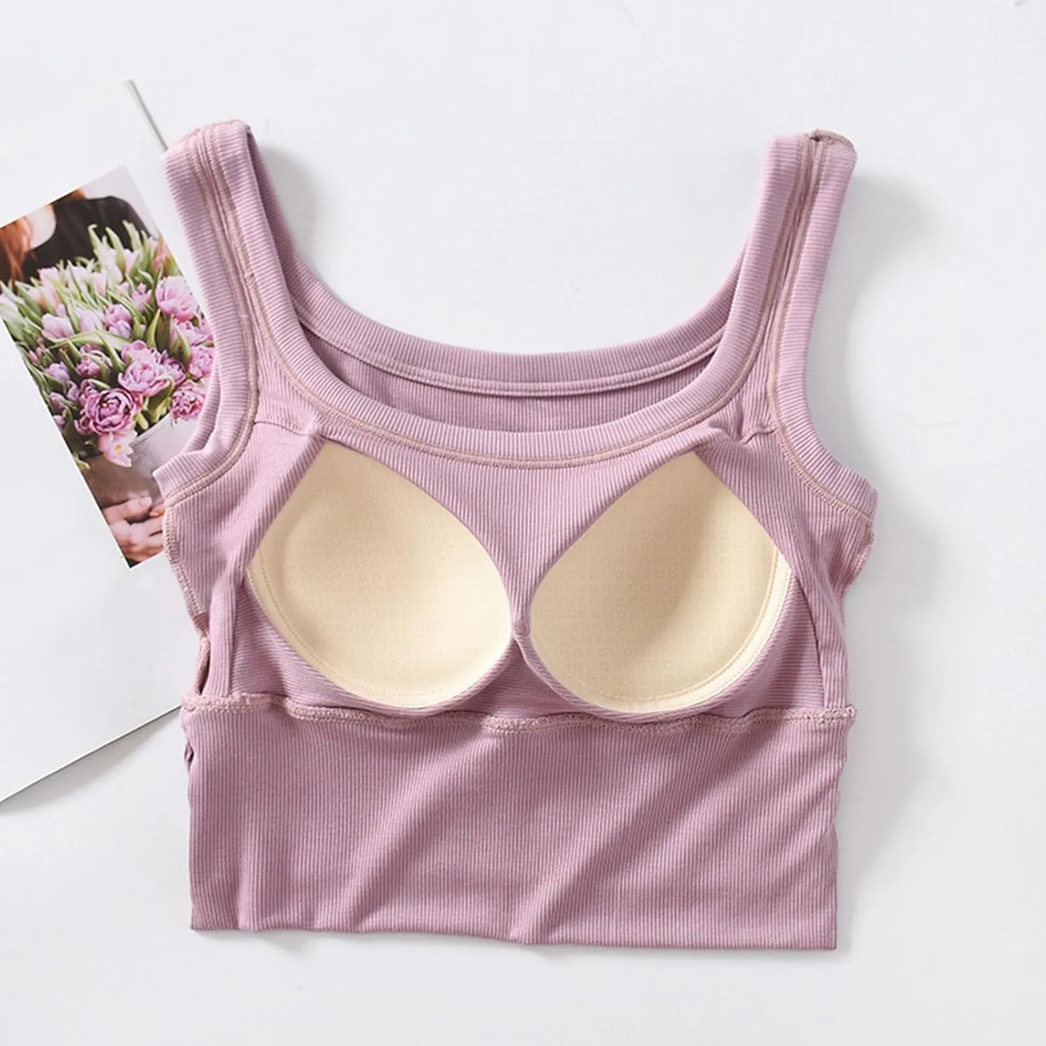 Womens Tank Tops Built in Bra 2025 Summer Slim Scoop Neck Solid Spaghetti Strap Shirt Sleeveless Trendy Padded Tank