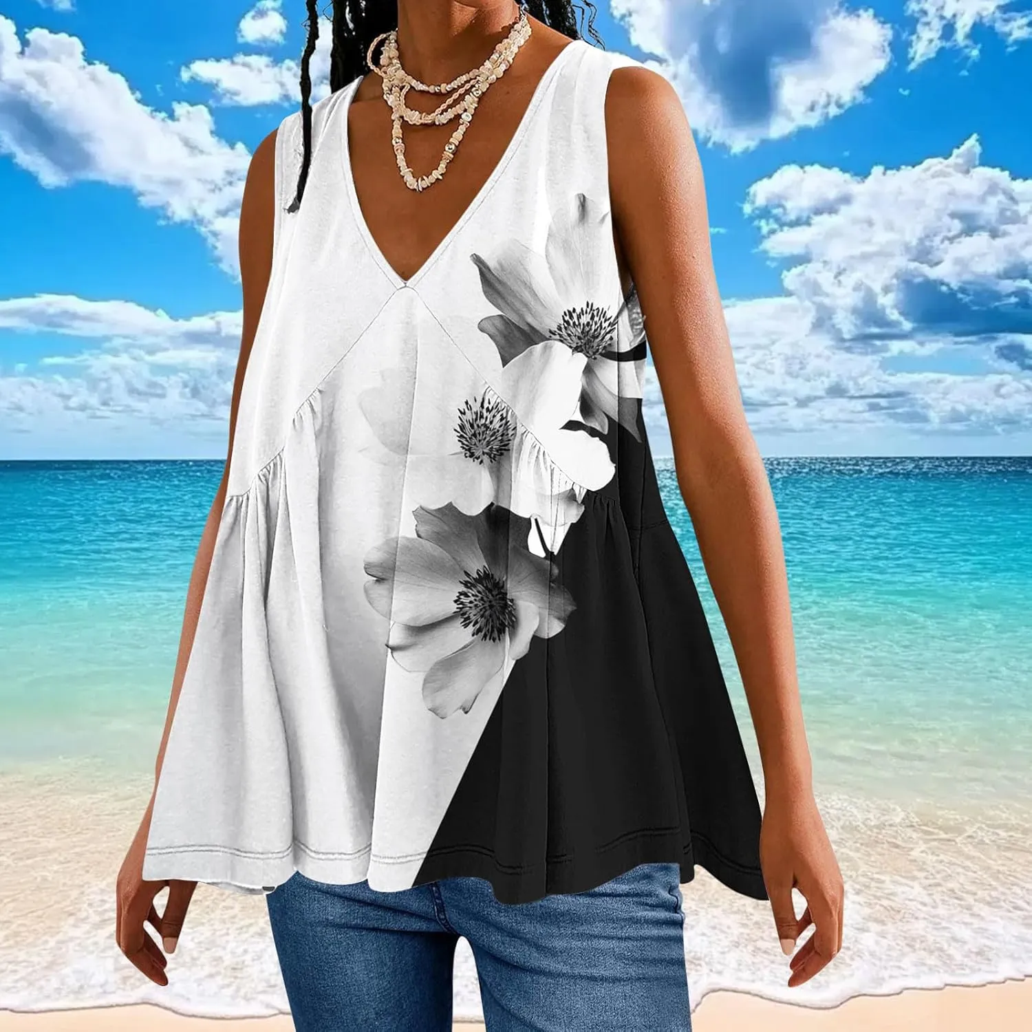 Womens Tank Tops Dressy Casual Sleeveless Printed Pleated Hawaiian Shirt V Neck Loose Beach Fashion Summer Tank Top