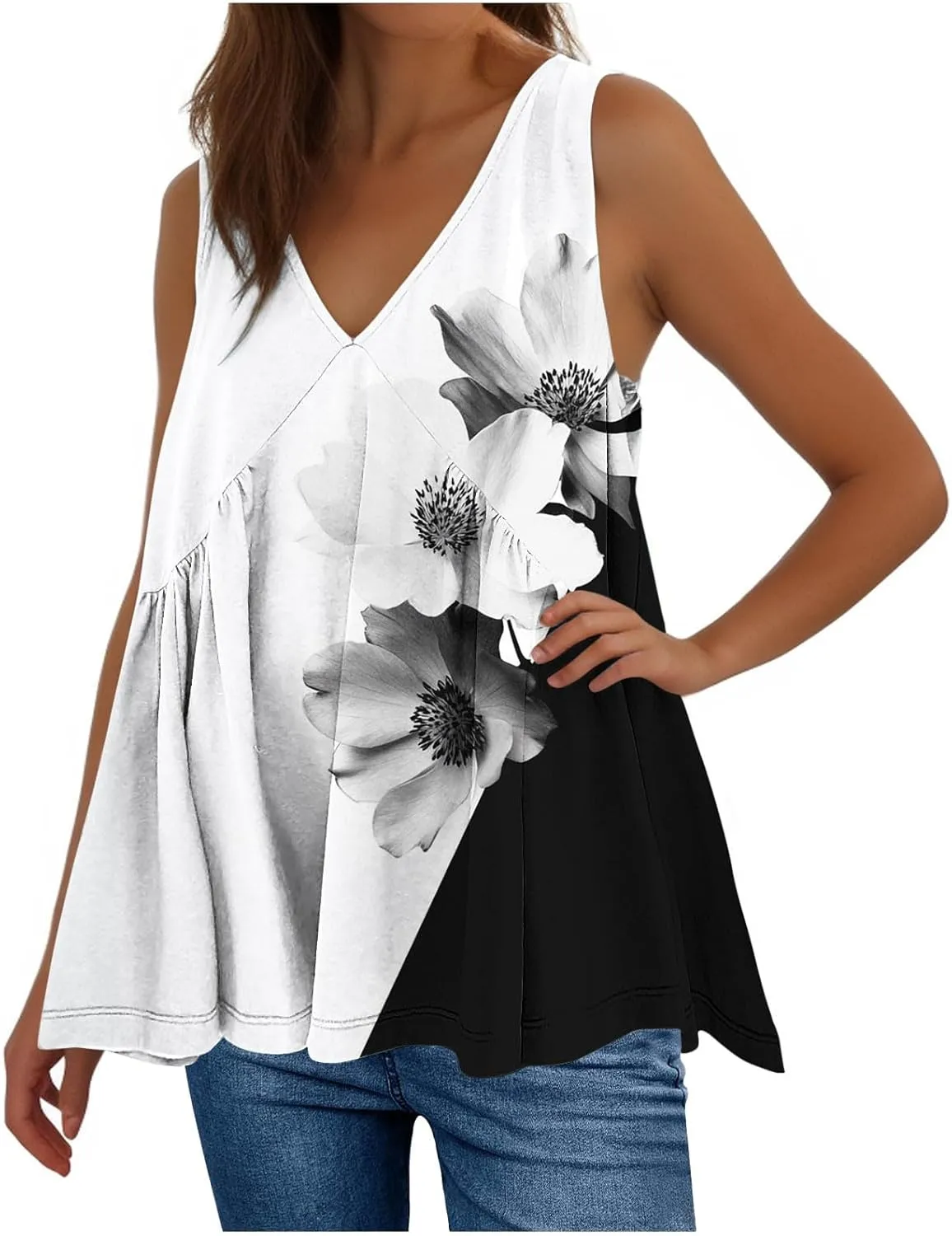 Womens Tank Tops Dressy Casual Sleeveless Printed Pleated Hawaiian Shirt V Neck Loose Beach Fashion Summer Tank Top