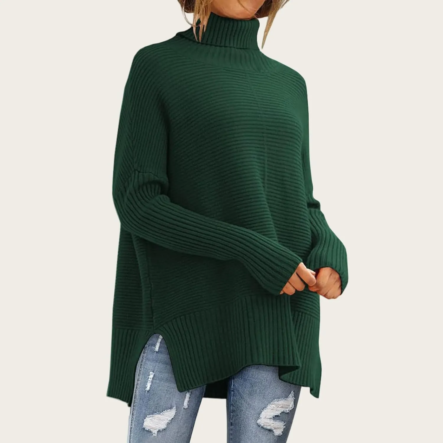 ZWRXW Women's Oversized Turtleneck Sweaters Batwing Sleeve Spilt Hem Tunic Pullover Trendy Winter Ribbed Knit Jumper Sweater