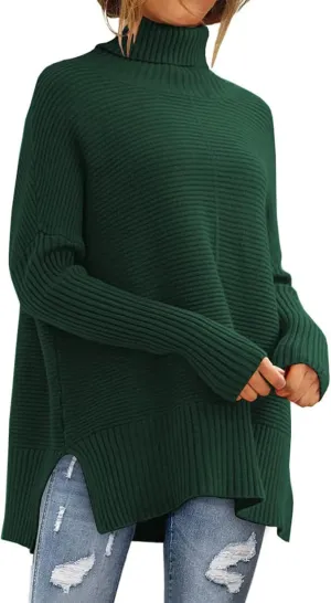 ZWRXW Women's Oversized Turtleneck Sweaters Batwing Sleeve Spilt Hem Tunic Pullover Trendy Winter Ribbed Knit Jumper Sweater